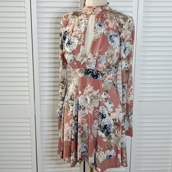 Floral Peach Dusty Blue Long Sleeve Deep V Cut Out Dress - Picture 3 of 9